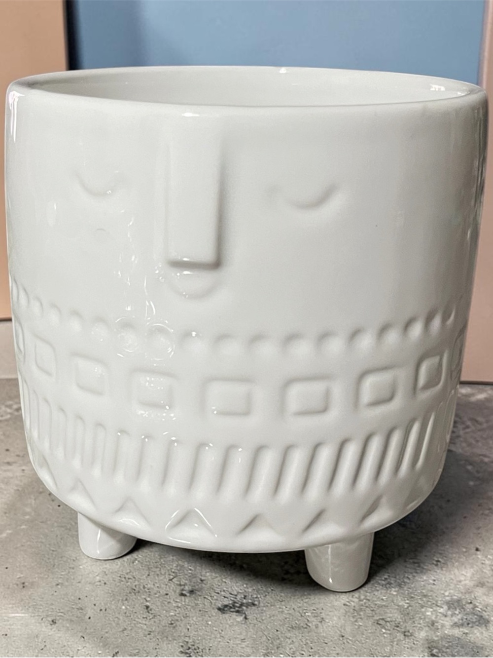 White Ceramic Face Planter with Geometric Texture